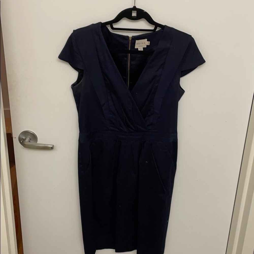 Reiss pleated navy short sleeve dress